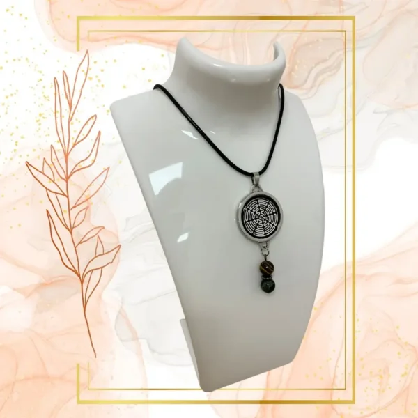 Collier Anti Ondes Mixte avec pendentif métal et pierre il de Tigre et Jaspe Kambaba - CORDON CIRE NOIR, WAVES