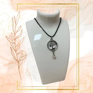 Collier Anti Ondes avec pendentif métal et pierre Quartz rose - CORDON CIRE NOIR, ARBRE DE VIE