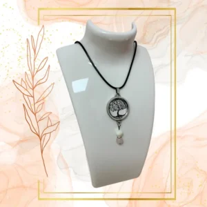 Collier Anti Ondes avec pendentif métal et pierres Quartz rose et Nacre - CORDON CIRE NOIR, ARBRE DE VIE