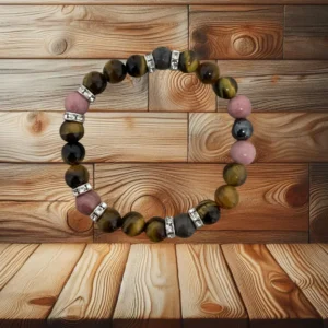 BRACELET FEMME RHODONITE, IL DE TIGRE & HEMATITE - 18CM