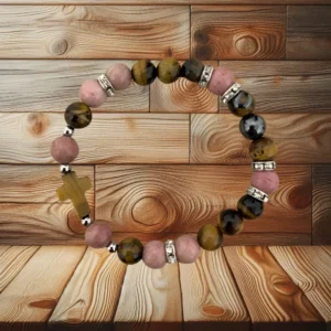 BRACELET RHODONITE & OEIL DE TIGRE AVEC CROIX SCULPTEE - 19CM