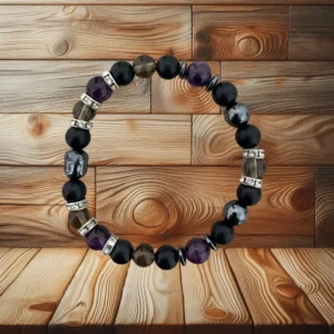 BRACELET FEMME, SHUNGITE, QUARTZ FUME, AMETHYSTE & BOUDDHA SCULPTE - 18CM
