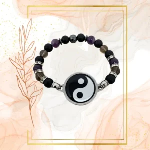 BRACELET FEMME ANTI ONDES , SHUNGITE,QUARTZ FUME & AMETHYSTE - 19CM, YING YANG