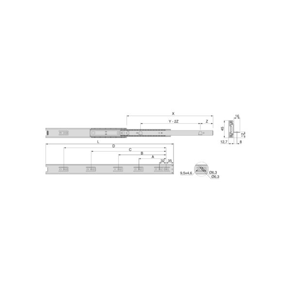 Emuca Jeu de coulisses à billes à sorties totale avec supports, hauteur 45mm, longueur 600mm, Acier, Zingué – Image 4