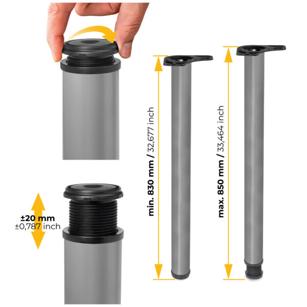 Emuca Lot de 4 pieds de table, diamètre 60mm, H 830mm, Acier, Peint en aluminium – Image 9