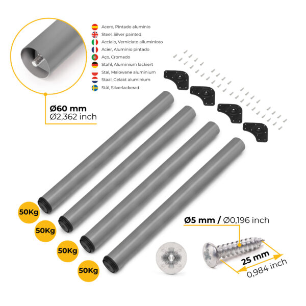 Emuca Lot de 4 pieds de table, diamètre 60mm, H 830mm, Acier, Peint en aluminium – Image 11