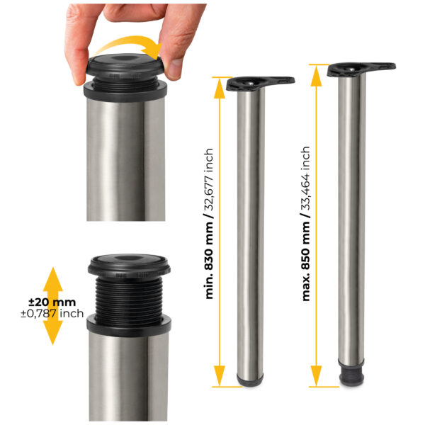 Emuca Lot de 4 pieds de table, diamètre 60mm, H 830mm, Acier, Nickel satiné – Image 9