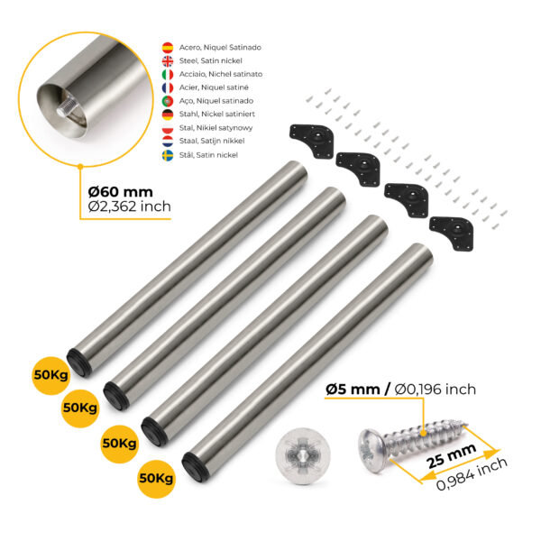Emuca Lot de 4 pieds de table, diamètre 60mm, H 830mm, Acier, Nickel satiné – Image 11