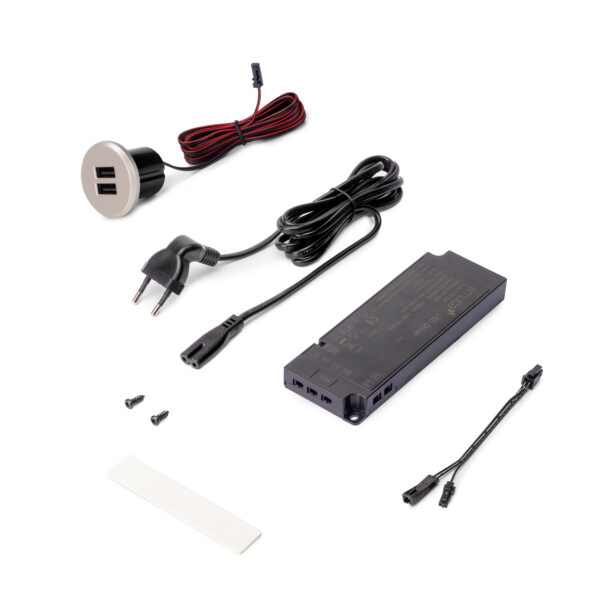 Emuca Kit de Plugy de connecteurs de charge USB, y compris convertisseur et 2 USB type A, diamètre 25mm, Plastique, Gris métallisé, pour montage encastré dans le mobilier
