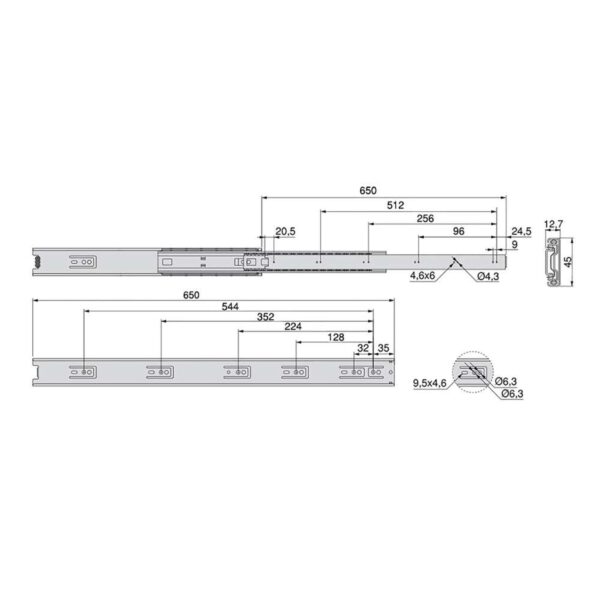 Emuca Lot de 5 coulisses pour tiroirs, roulement à billes, hauteur 45mm, profondeur 650mm, sortie totale, zingué – Image 4