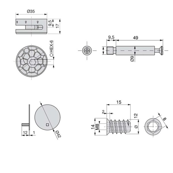 Emuca Lot de 10 excentriques diamètre 35mm avec boulon M8 et écrou avec capuchon en plastique blanc, pour panneau de 20mm, Zamak et Acier – Image 3