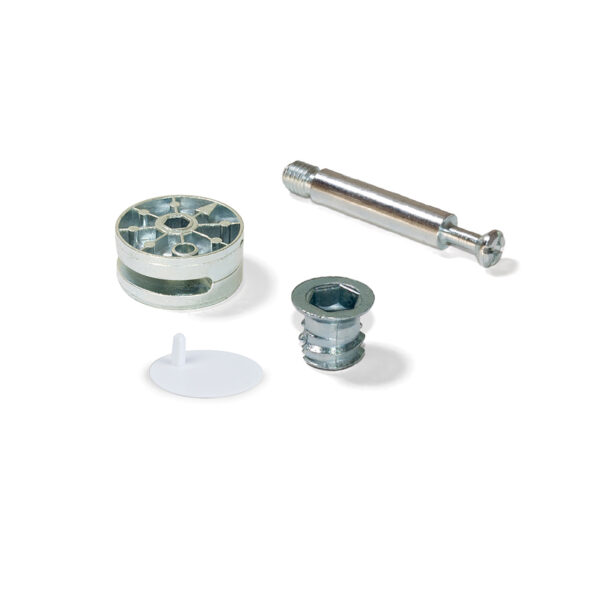 Emuca Lot de 10 excentriques diamètre 35mm avec boulon M8 et écrou avec capuchon en plastique blanc, pour panneau de 20mm, Zamak et Acier – Image 2