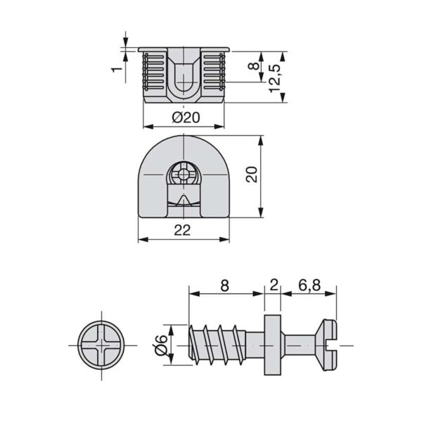 Emuca Lot de 20 attaches et goujons pour fixation de tablette, Attaches diamètre 20mm, 12.5mm, goujons diamètre 6mm, 8mm, Zamak et Acier, Nickelé – Image 3