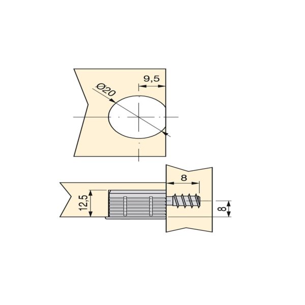 Emuca Lot de 20 attaches et goujons pour fixation de tablette, Attaches diamètre 20mm, 12.5mm, goujons diamètre 6mm, 8mm, Zamak et Acier, Nickelé – Image 4