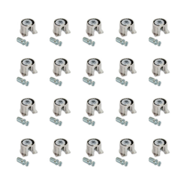 Emuca Lot de 20 attaches et goujons pour fixation de tablette, Attaches diamètre 20mm, 12.5mm, goujons diamètre 6mm, 8mm, Zamak et Acier, Nickelé