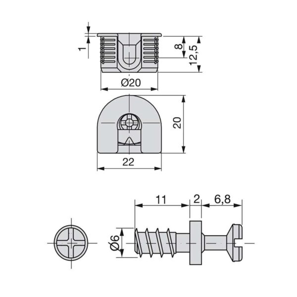 Emuca Lot de 20 attaches et goujons pour fixation de tablette, Attaches diamètre 20mm, 12.5mm, goujons diamètre 6mm, 11mm, Zamak et Acier, Nickelé – Image 3