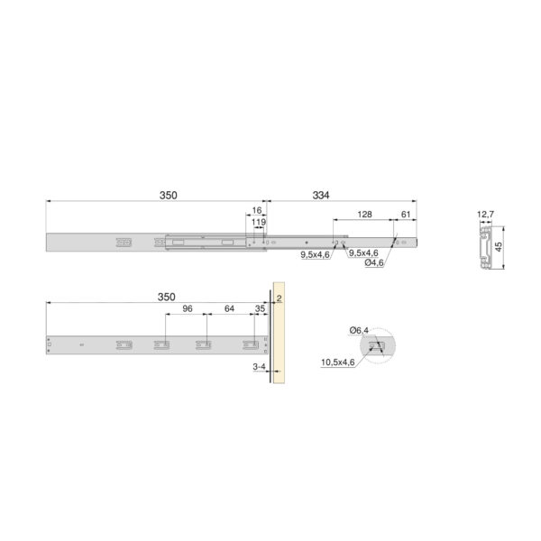 Emuca Lot de 5 jeux de coulisses pour tiroirs, roulement à billes, hauteur 45mm, profondeur 350mm, à sortie totale, avec push, fermeture amortie, zingué – Image 5