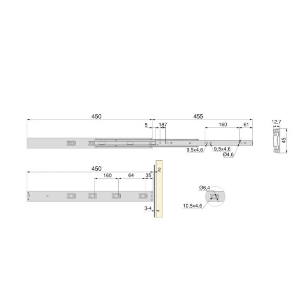 Emuca Lot de 5 jeux de coulisses pour tiroirs, roulement à billes, hauteur 45mm, profondeur 450mm, à sortie totale, avec push, fermeture amortie, zingué – Image 5