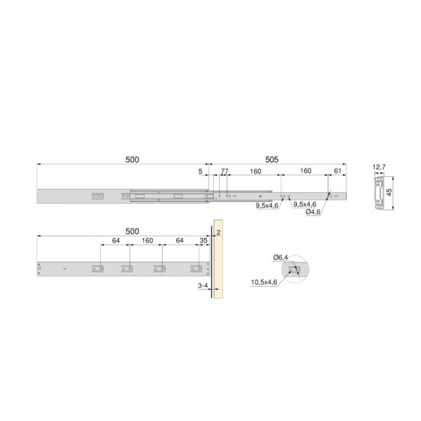 Emuca Lot de 5 jeux de coulisses pour tiroirs, roulement à billes, hauteur 45mm, profondeur 500mm, à sortie totale, avec push, fermeture amortie, zingué – Image 5