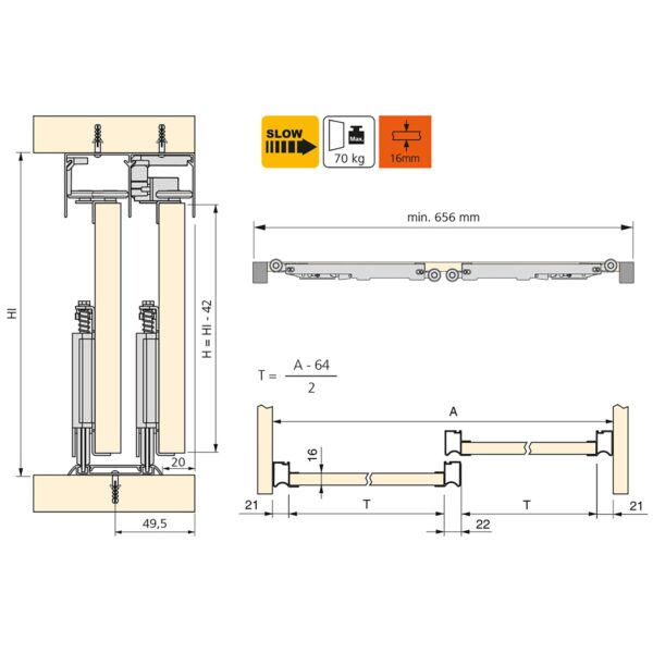 Emuca Kit de ferrures pour Placard 81 2 coulissants et fermeture souple, profilé Wave, épaisseur 16mm, panneaux non inclus, Anodisé mat – Image 8