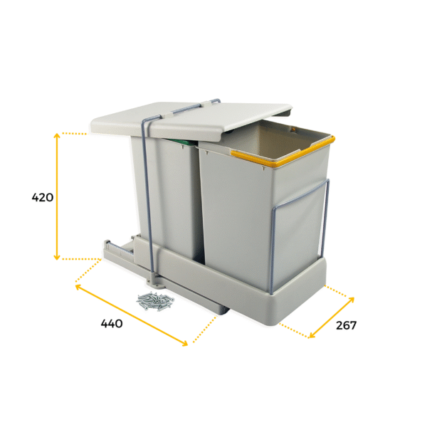 Emuca Poubelle de recyclage pour montage inférieur et extraction automatique dans l'élément de cuisine 2x14litres, Plastique gris – Image 4