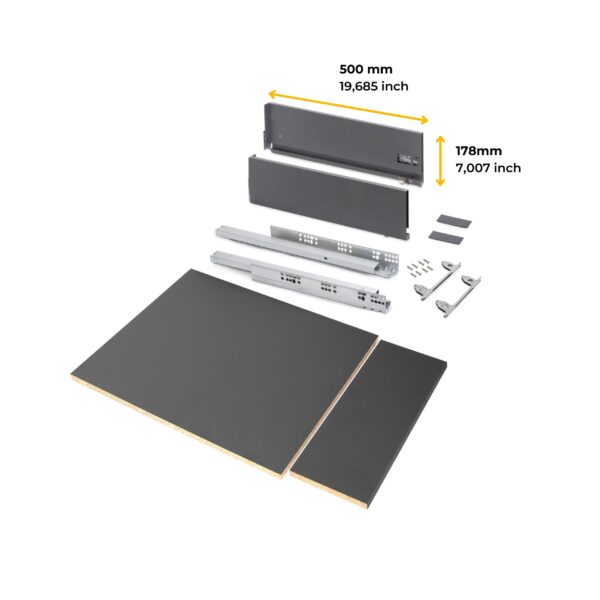 Emuca Kit de tiroirs pour cuisine ou salle de bains Vertex avec réglages 3D, hauteur 178mm, avec panneaux inclus, module 450mm, Gris antracite – Image 11