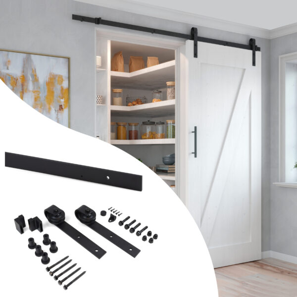 Emuca Kit de quincaillerie pour porte coulissante suspendue en bois de Barn, Sans fermeture souple, panneaux non inclus, Acier et Plastique, Peint en noir