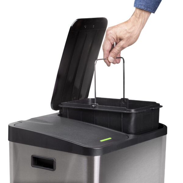 Emuca Bac de tri sélectif a compartiments Recycle, ouverture du couvercle par pédale, 2x15litres, Acier inoxydable – Image 6