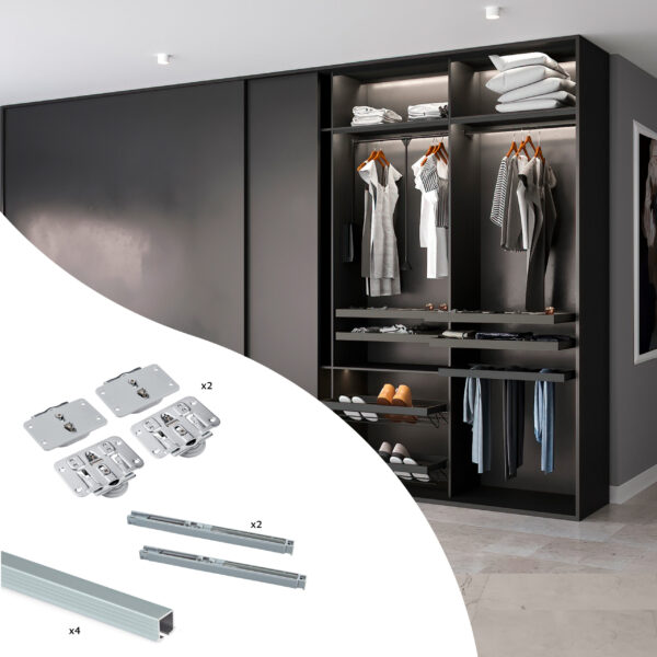 Emuca Kit de ferrures pour Flow 2 portes coulissantes et armoire à fermeture souple avec rails encastrés 2,35m, panneaux non inclus, Anodisé mat