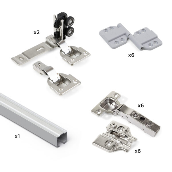 Emuca Kit de quincaillerie pour 2 portes coulissantes pliantes et armoire à fermeture souple Twofold, pour 4 panneaux non inclus, Sans coulisse, Anodisé mat – Image 4