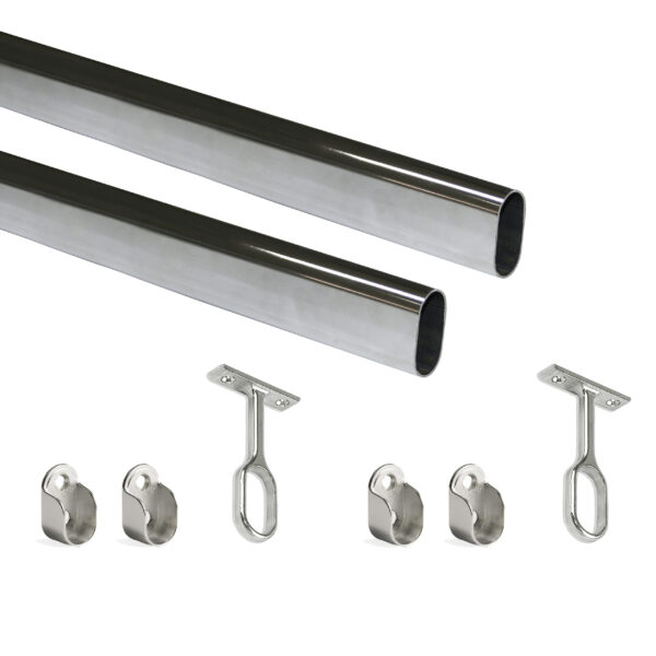 Emuca Lot de 2 rails ovales pour armoires 30x15mm longueur 1.15m avec supports, Acier et Zamak, Chromé