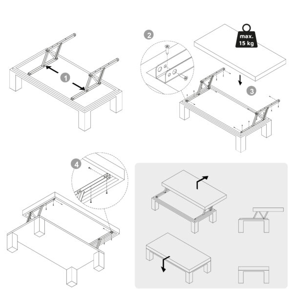 Emuca Jeu de ensemble de mécanismes de levage pour table basse, permet de lever la table de 135mm, Acier, Peint en noir – Image 12
