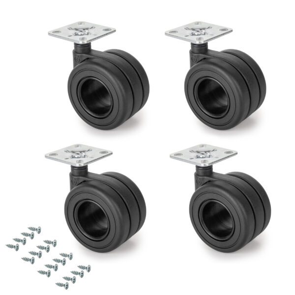 Emuca Lot de 4 roulettes Hole avec plétine de montage, diamètre 65mm, Acier, Peint en noir et Plastique