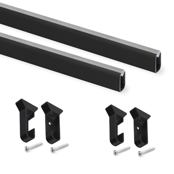 Emuca Lot de 2 x 0.75m Rails pour armoires en soie avec supports, Aluminium et Plastique, Peint en noir