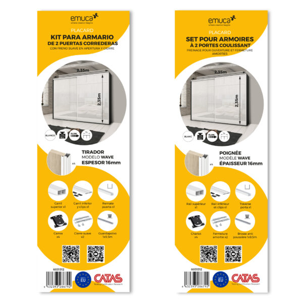 Emuca Kit de ferrures pour 2 portes coulissantes et armoire à fermeture souple Placard 74, profilé Wave, épaisseur 16mm, panneaux non inclus, Peint en blanc – Image 4