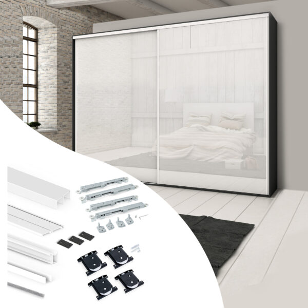 Emuca Kit de ferrures pour 2 portes coulissantes et armoire à fermeture souple Placard 74, profilé Wave, épaisseur 16mm, panneaux non inclus, Peint en blanc
