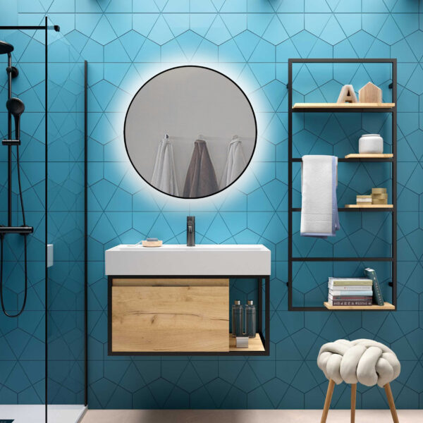 Emuca Miroir Zeus avec éclairage décoratif à LED et cadre noir, diamètre 80 cm, AC 230V 50Hz, 12 W, Aluminium et Verre – Image 4