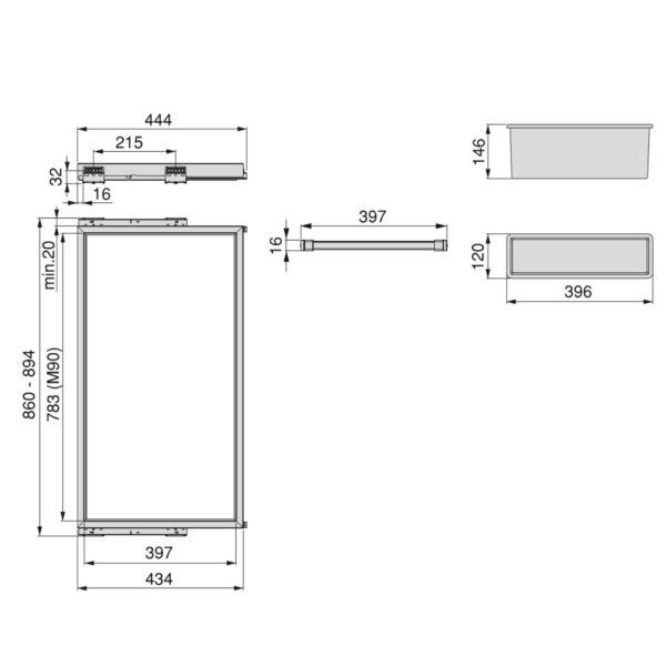 Emuca Kit de 7 tringles à pantalons, 2 plateaux et cadre coulissant à fermeture douce pour armoires, réglable, module 900mm, Gris pierre – Image 11