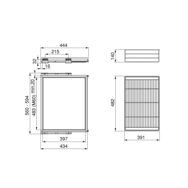 Emuca Kit de panier et cadre coulissant à fermeture souple pour armoire, réglable, module 600mm, Noir texturé – Image 7