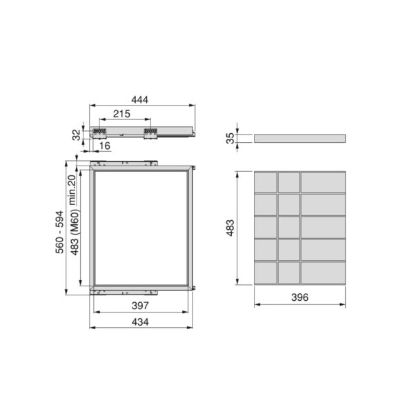 Emuca Kit de organiser de cadre de tiroir et de glissière avec fermeture souple pour armoire, réglable, module 600mm, Noir texturé et Gris pierre – Image 8