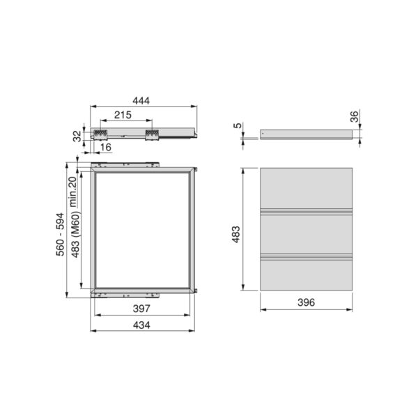 Emuca Kit de châssis à glissière avec fermeture souple pour armoires, réglable, module 600mm, Noir texturé – Image 10