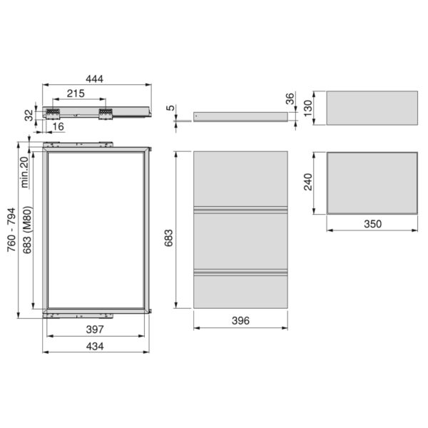 Emuca Kit de tray, 2 paniers d'organisation et cadre de roulement soft close pour armoires, réglable, module 800mm, Noir texturé – Image 13