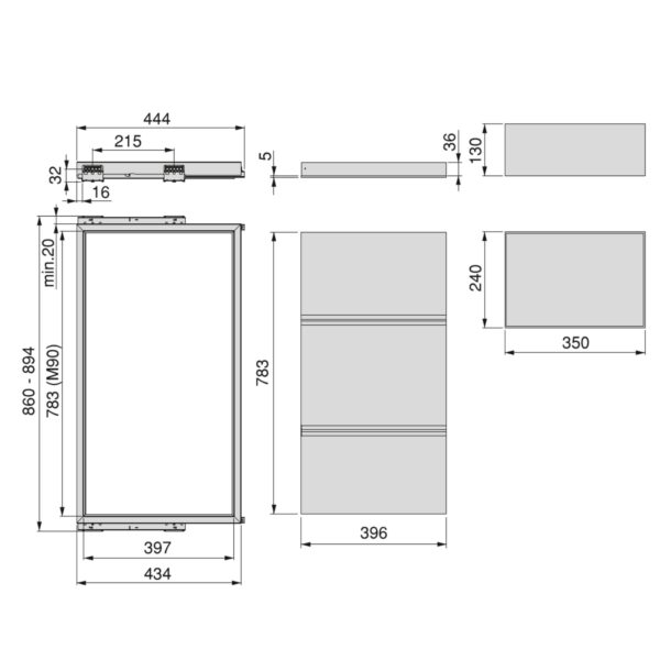 Emuca Kit de plateau, 3 paniers d'organisation et cadre de roulement soft close pour armoires, réglable, module 900mm, Noir texturé – Image 13