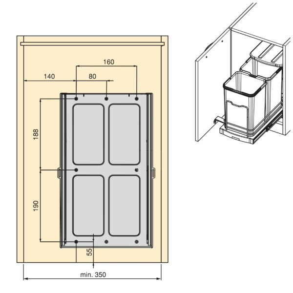 Emuca Bac à recyclage pour montage inférieur et extraction manuelle/automatique dans les éléments de cuisine, Inox 2x12 litres plastique et acier inoxydable. – Image 10