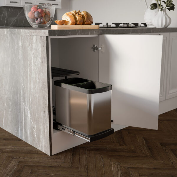 Emuca Bac à recyclage pour montage inférieur et extraction manuelle/automatique dans les éléments de cuisine, Inox 2x12 litres plastique et acier inoxydable. – Image 2