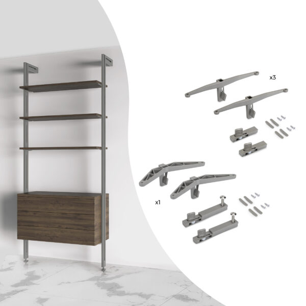 Emuca Kit de supports pour 3 étagères en bois et 1 module pour structure Zero, Zamak, Peint gris pierre