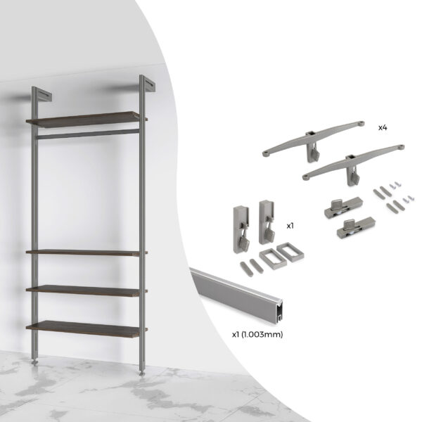Emuca Kit de fixation pour 4 étagères en bois et 1 tringle de suspension de 1m de long Zero, Aluminium et Zamak et Plastique, Peint gris pierre