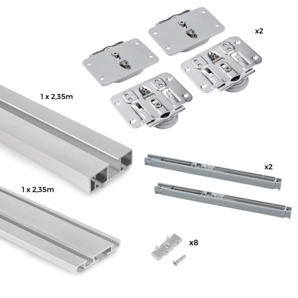 Emuca Kit de 2 portes coulissantes et Flow de ferrures pour armoires à fermeture souple avec rails de surface 2,35m, panneaux non inclus, anodisé mat – Image 6