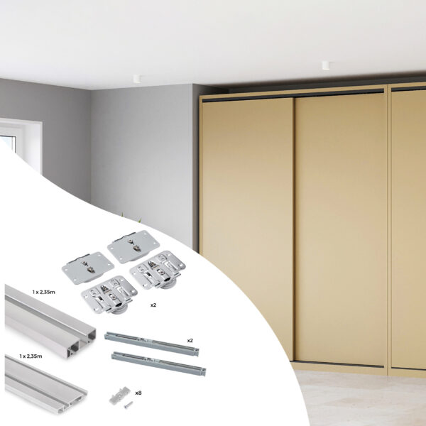 Emuca Kit de 2 portes coulissantes et Flow de ferrures pour armoires à fermeture souple avec rails de surface 2,35m, panneaux non inclus, anodisé mat