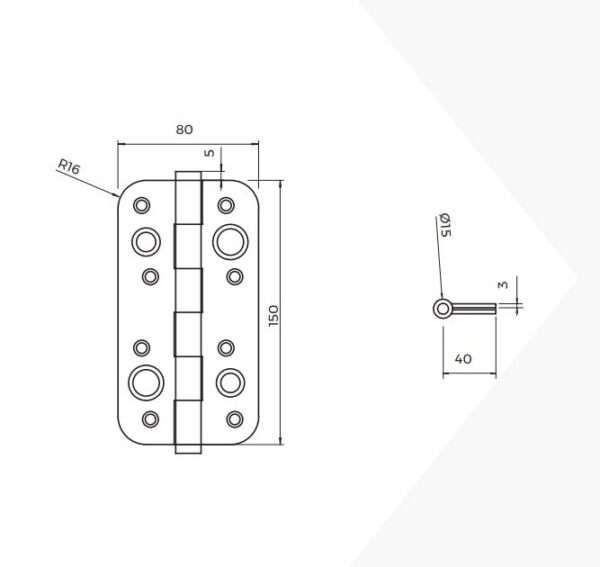 Emuca Lot de 5 charnières de porte de sécurité, 150x80mm, charnières anti-dégondage à bords arrondis, sans garniture, Acier, Noir – Image 3